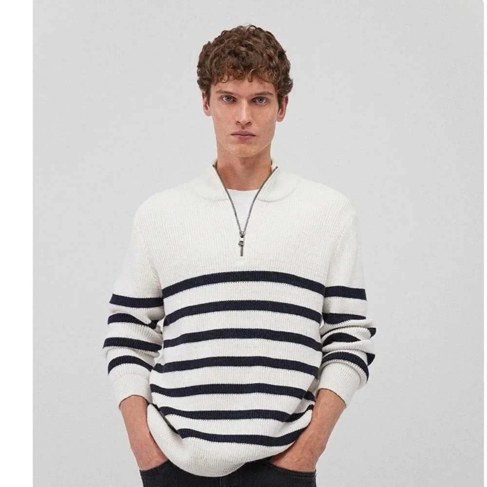 Mavi Mens White Navy Blue Striped Ribbed Quarter Zip Sweater Size M